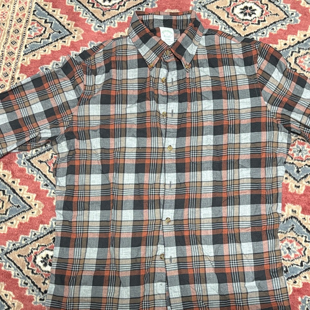 Brooks Brothers Men's Plaid Shirt - Brown, Gray, and Orange